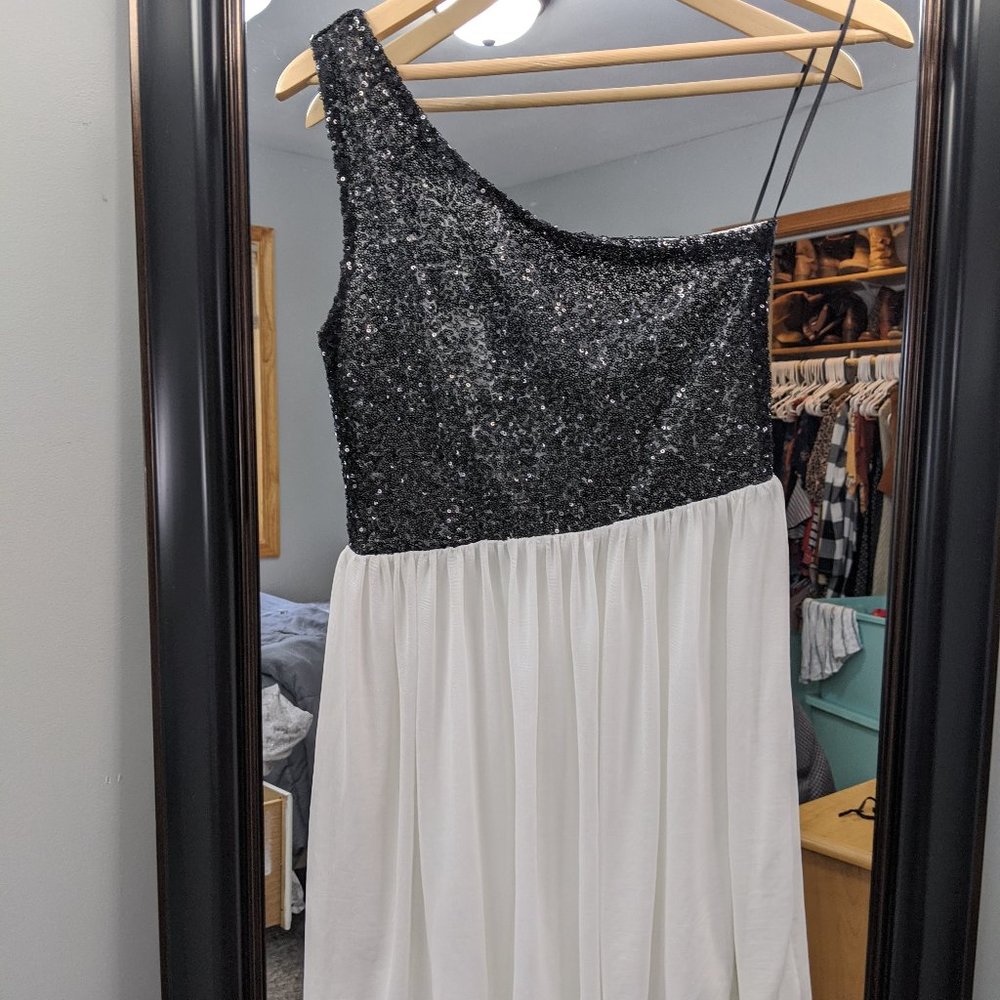 Womens OneShoulder Black White Sparkle Tulle Dress